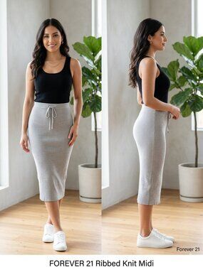 NEW Forever 21 Ribbed Knit Midi Skirt in Heather Grey - Side Medium